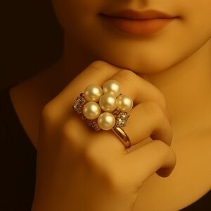 J. Crew Gold Ring with Pearls & Crystals Cluster - Women's Fashion Jewelry Sz. 7